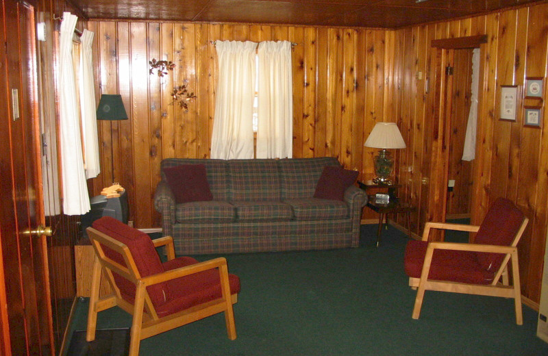 Cabin living room at The West Shore Resort. 