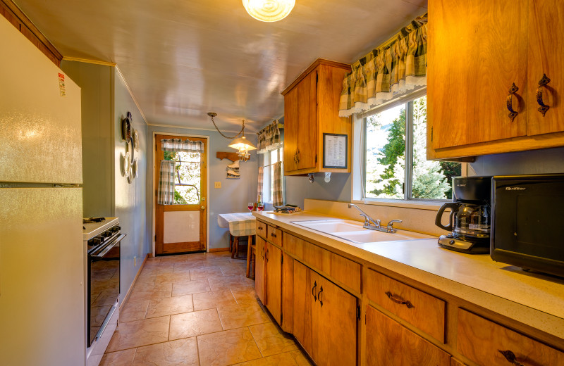 Cabin kitchen at Arrowhead Pine Rose Cabins.