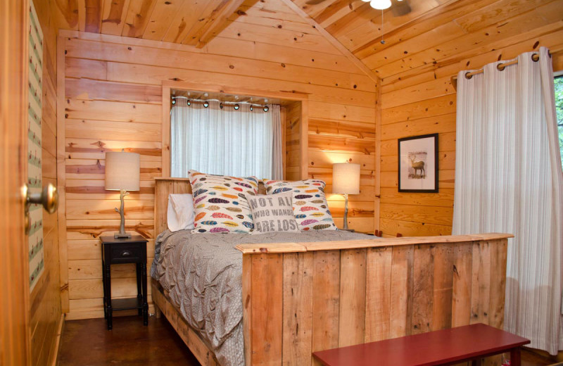 Cabin bedroom at Lake Mountain Cabins.