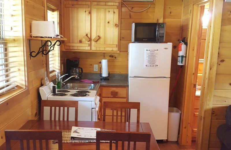 Cabin kitchen at American Pines Cabins.