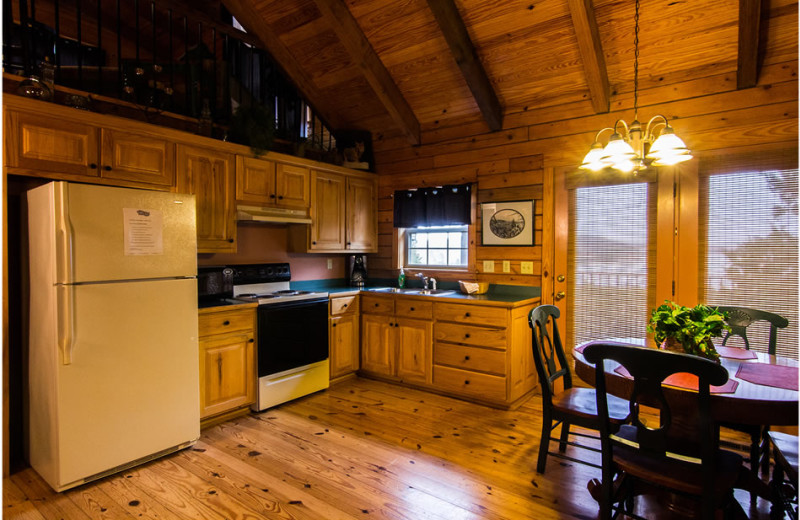 Cabin kitchen at Whispering Hills Cabins.