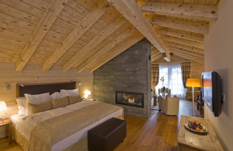 Guest room at Grand Hotel Zermatterhof.