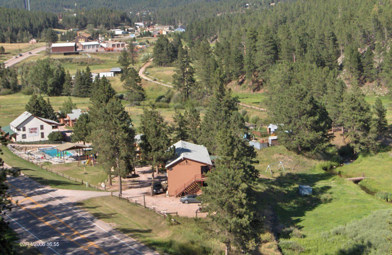 Aerial view of Black Hills Cabins & Motel at Quail's Crossing.