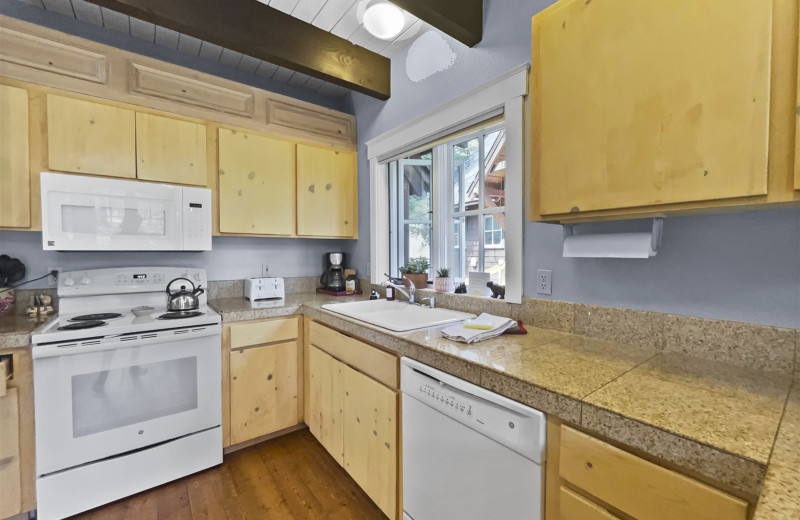 Rental kitchen at Sisters Vacation Rentals.
