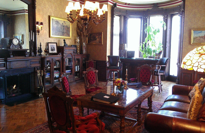 The library at Batcheller Mansion Inn Bed and Breakfast.