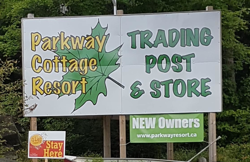 Welcome sign at Parkway Cottage Resort & Trading Post.