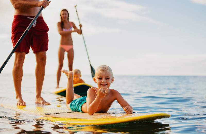 Family on paddle boards on beach at Outer Beaches Realty.