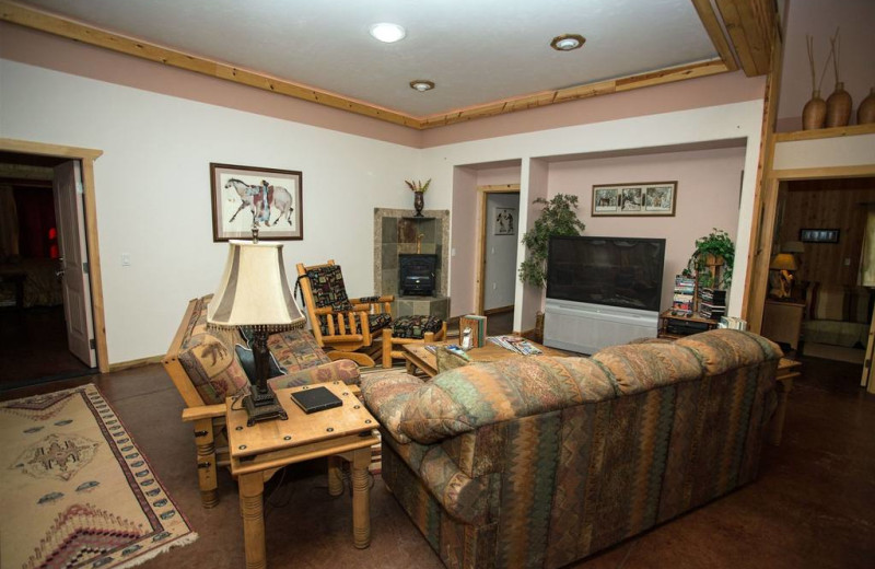 Downstairs guest living room in the Homestead Lodge Four Seasons Unit, or entire lodge with big screen TV. Open to social kitchen.