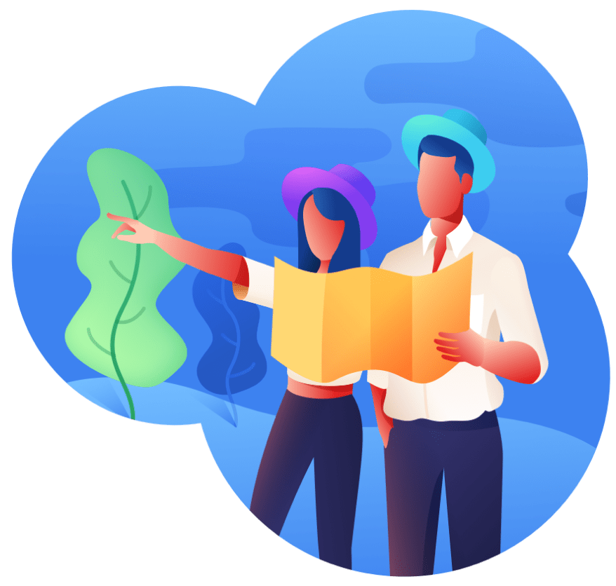 Illustration showing people using a map, symbolizing men mapping database elements.