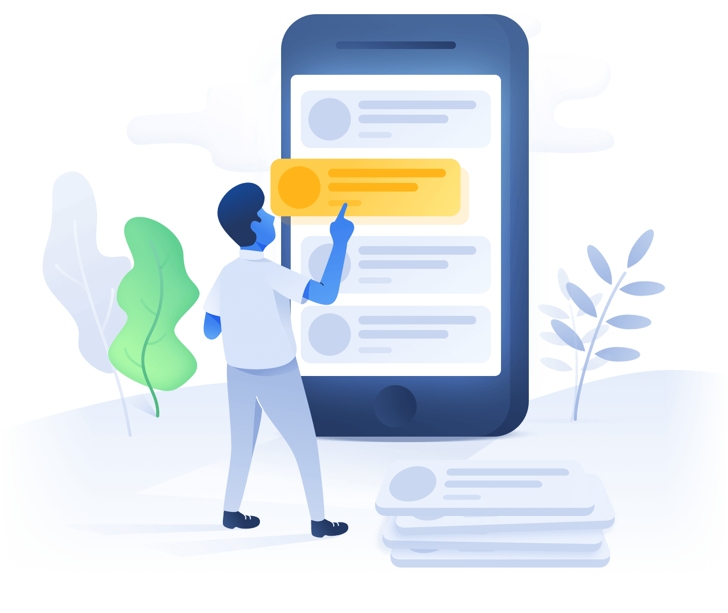 Illustration showing man making on-line reservation on a phone.