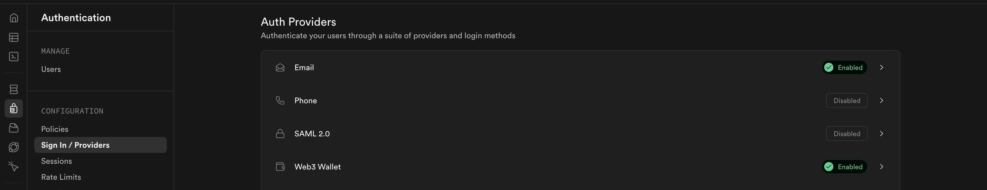 Supabase Web3 authentication toggle enabled