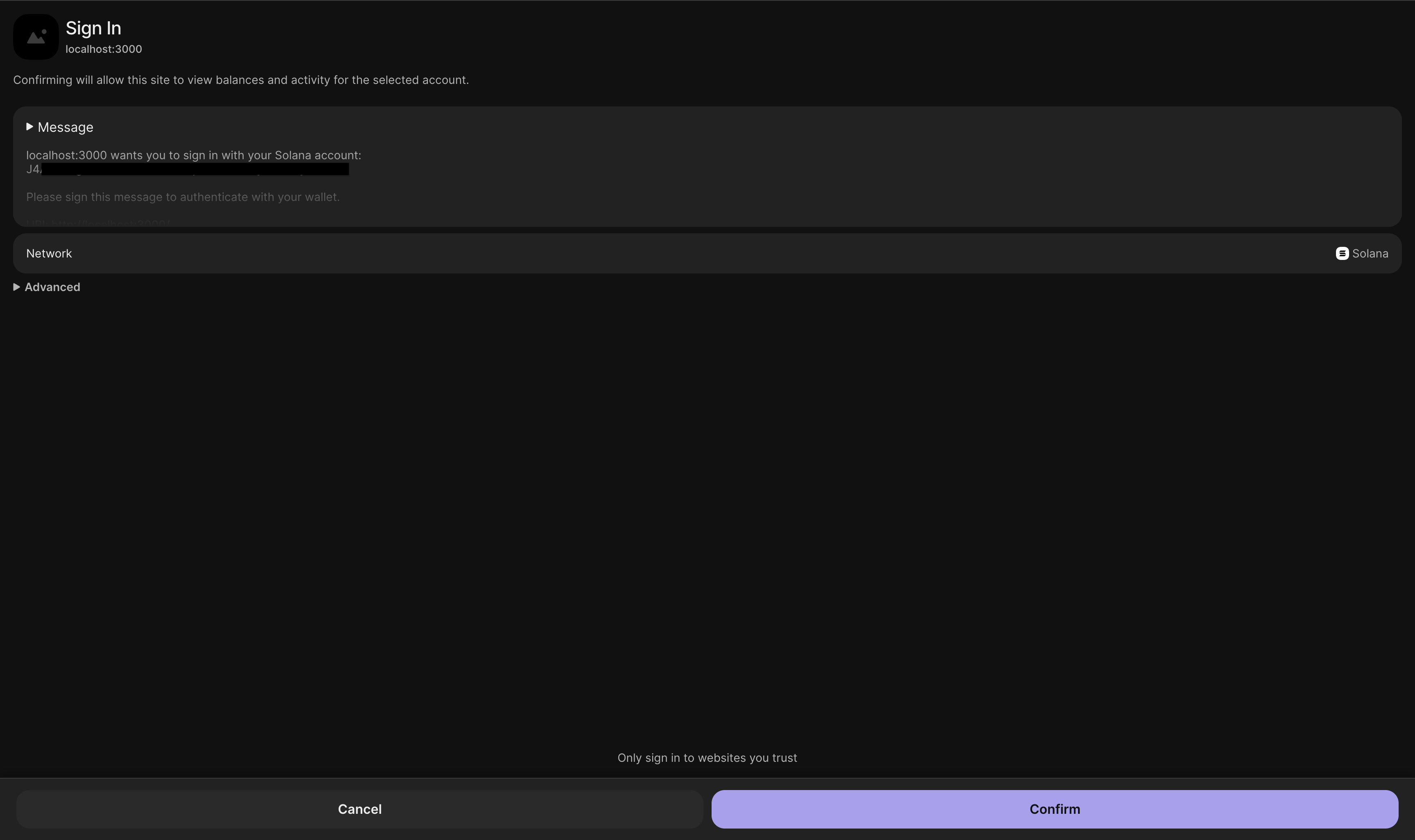 Wallet popup asking to sign authentication message