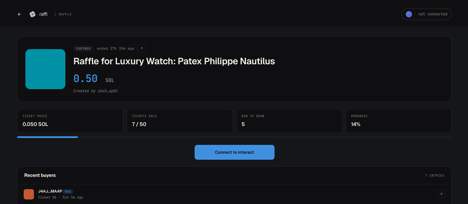 A real raffle on raffl: 0.50 SOL prize, 7 of 50 tickets sold, recent buyers visible