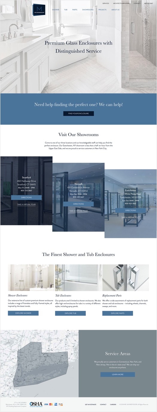 Mr. ShowerDoor’s redesigned homepage. Features photography of premium enclosures, their showrooms, and service areas.  Copy states “Premium Glass Enclosures with Distinguished Service.”