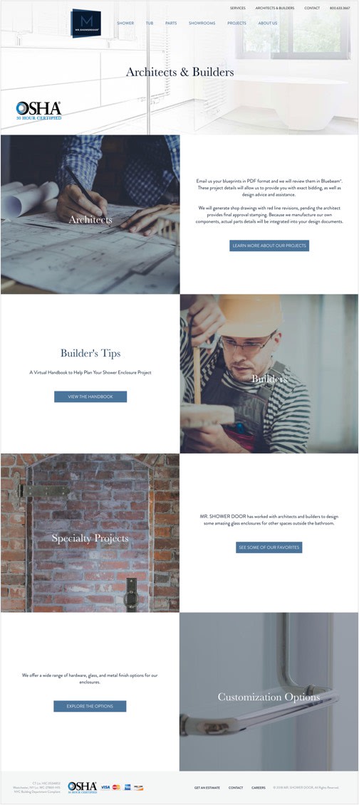 Mr. ShowerDoor’s redesigned page for architects and builders. Features photgraphy of architect drawing, builder measuring, specialty glass enclosure against brick, and a shower bar.  