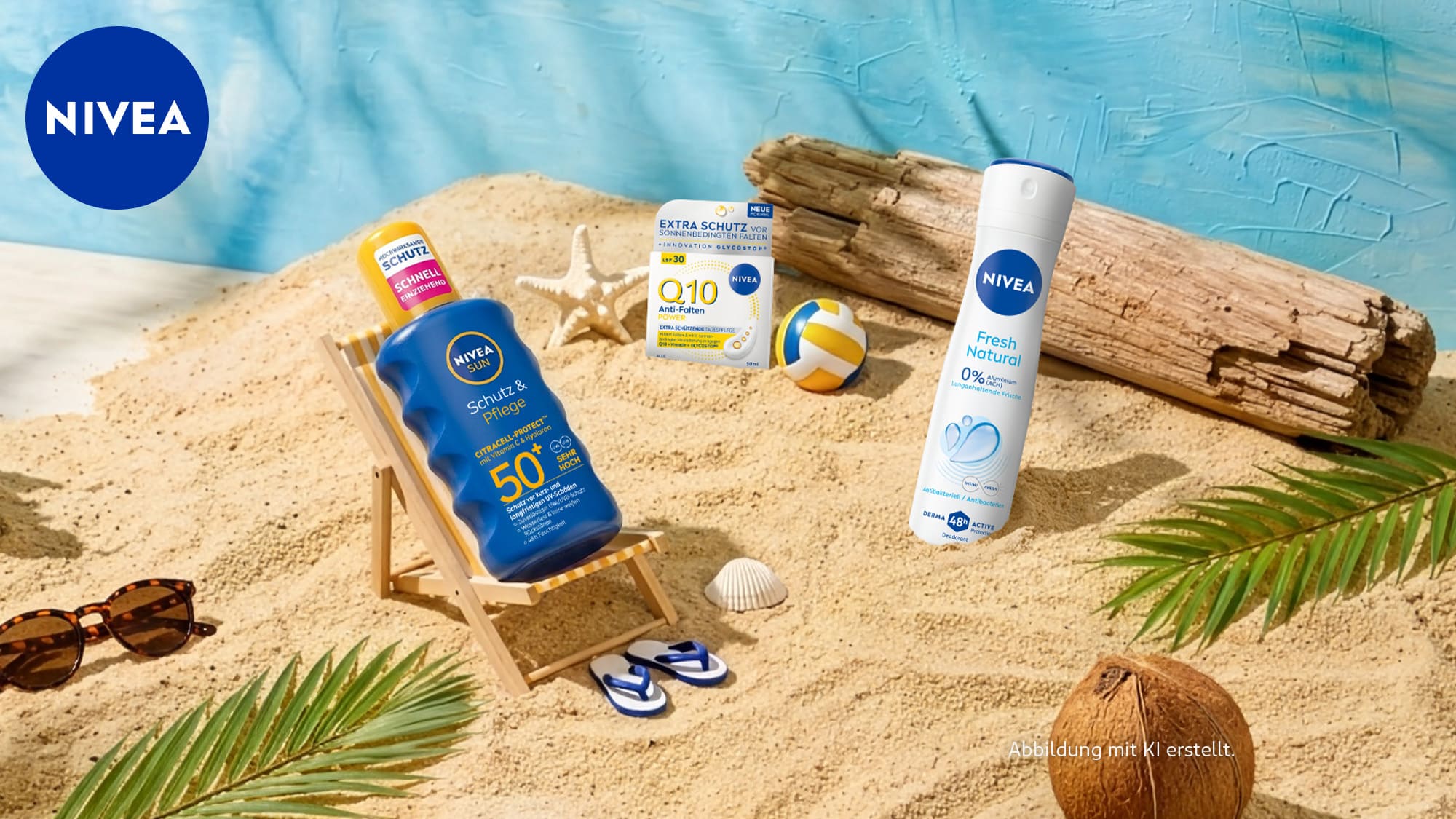 Werbebild der Marke Nivea in sommerlicher Strandkulisse mit Sand, Muscheln, Seestern, einem Miniatur-Liegestuhl und Treibholz vor blauem Hintergrund. Oben links das Nivea-Logo. Oben rechts der Hinweis „Abbildung mit KI erstellt". Präsentiert werden drei Produkte: eine Nivea Sonnenschutz-Lotion, eine Nivea Sonnenschutz-Verpackung sowie ein Nivea „Fresh Natural" Deospray. Verlinkung zum Coupon