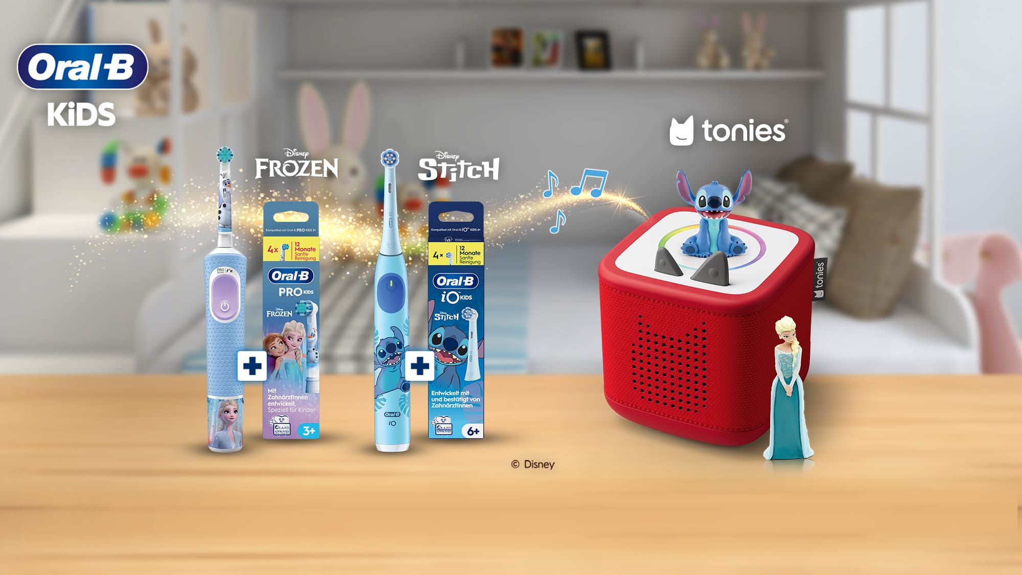 Werbung für Oral-B Kids, zwei Zahnbürstenverpackungen und rechts eine Tonie-Box. Bunte Gestaltung, Verlinkung zu Gewinnspiel
