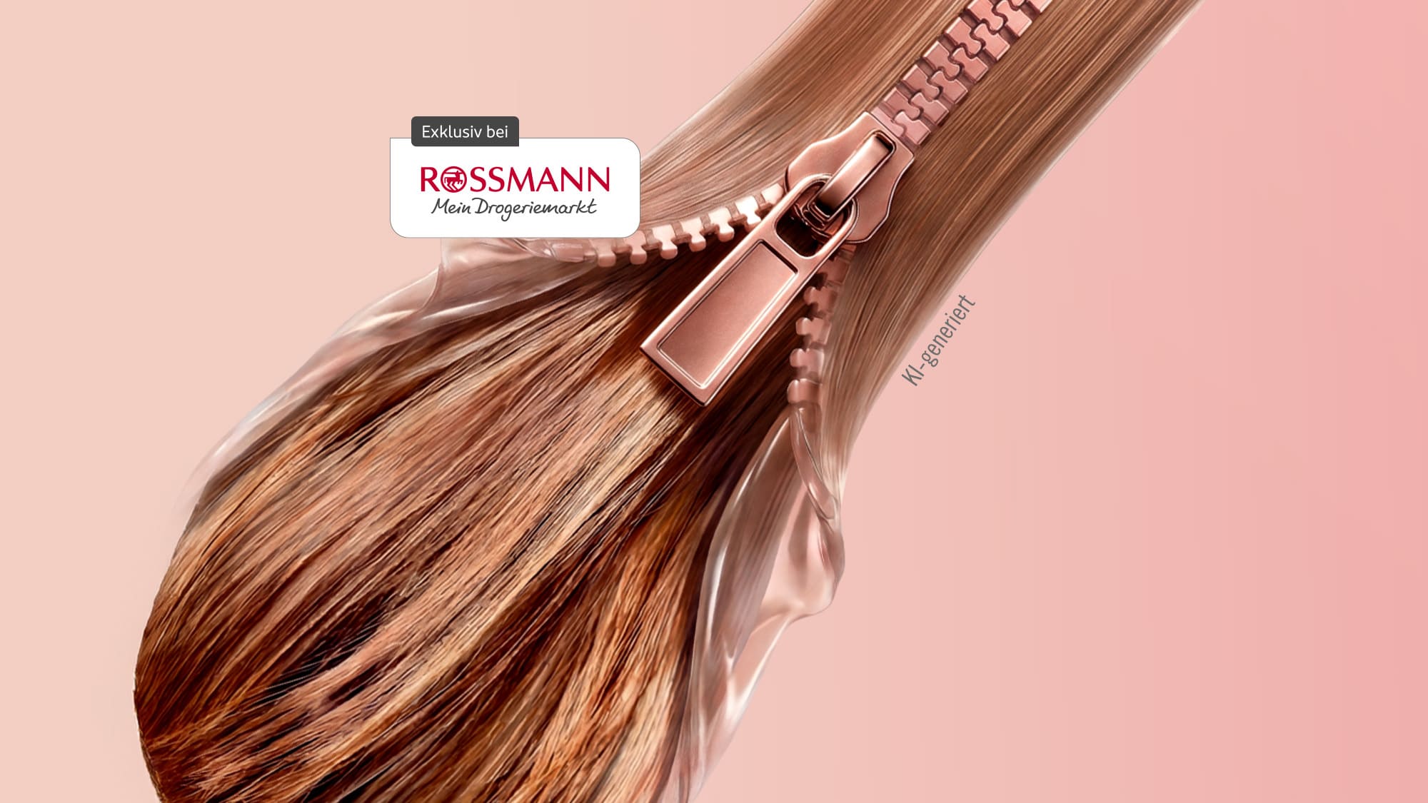 KI-generiertes Werbebild: glänzendes Haar mit roséfarbenem Reißverschluss – Gliss Sealing Miracle. Zu den Produkten.