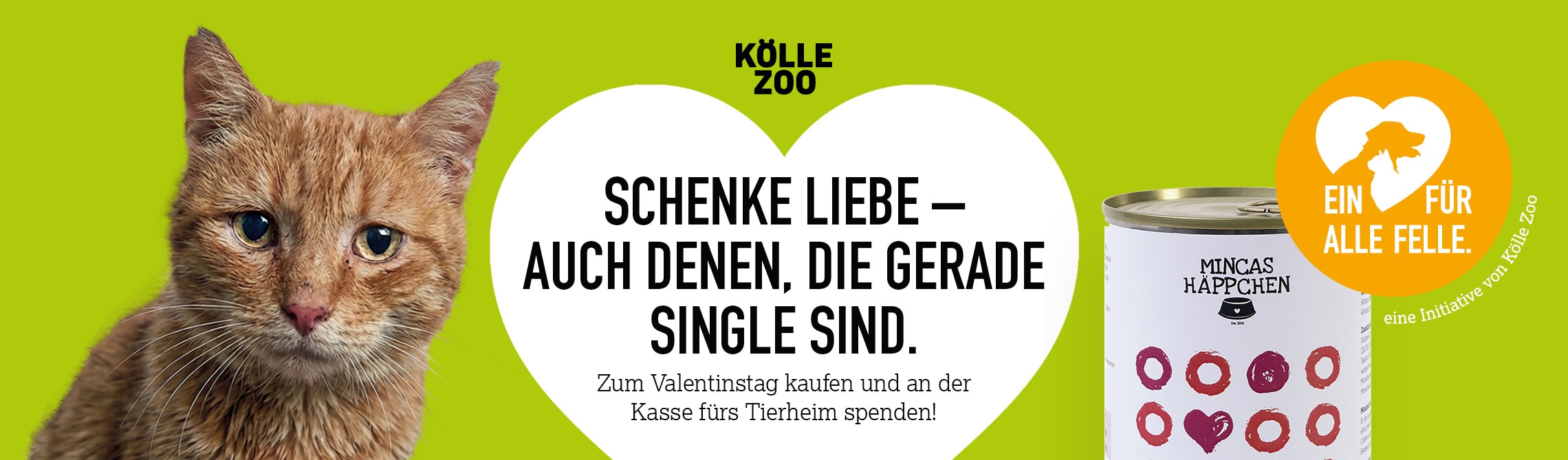 Katze auf weiß/grünem Herzhintergrund mit Herzensfutterdose