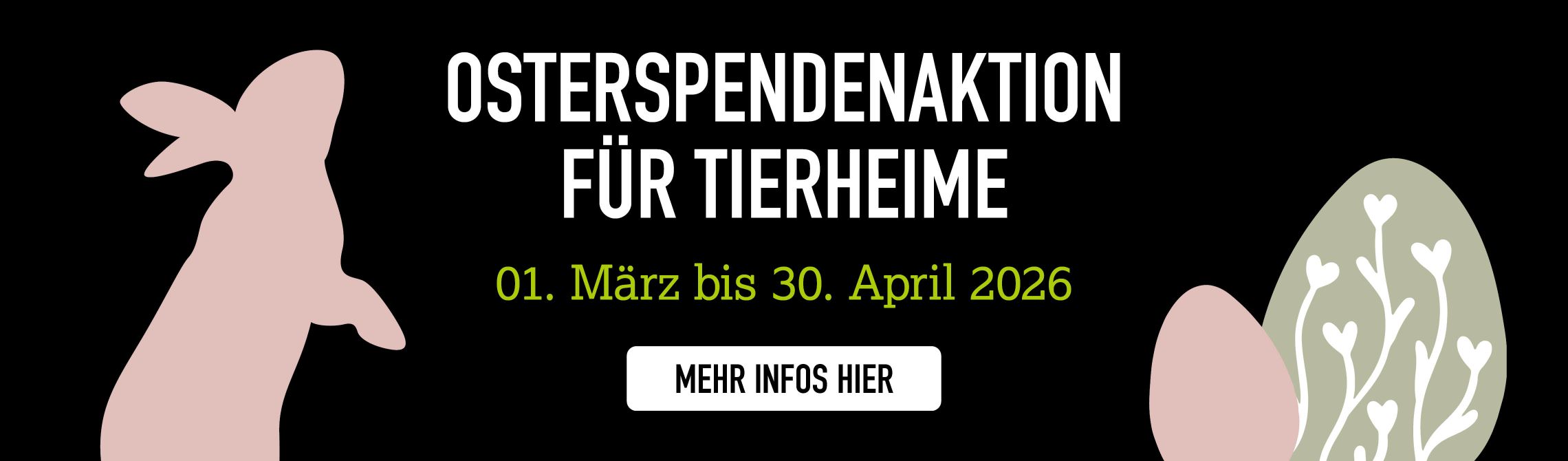 Osterspendenaktion 1.3.-30.04.26 Silhouette Hase und Eier auf schwarzem Hintergrund