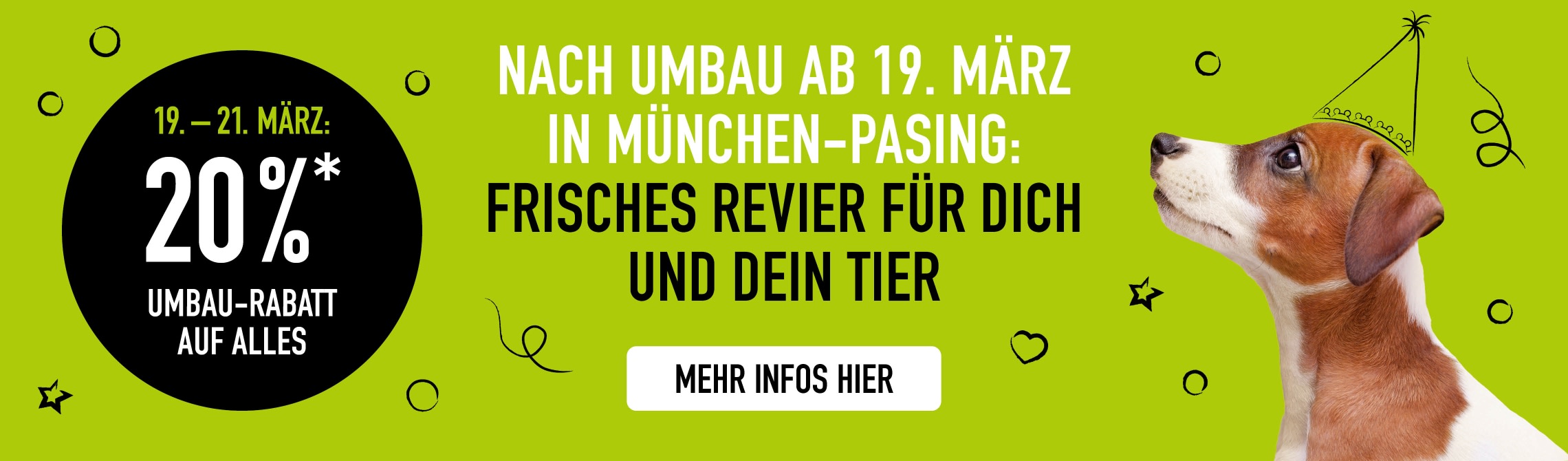 Wiedereröffnung München Pasing Hund grüner Hintergrund