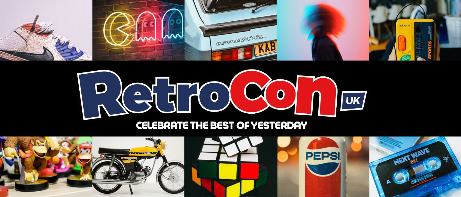 The RetroCon UK banner, "celebrate the best of yesterday", surrounded by a collage of retro items including a Pac-Man neon sign, a Ford Capri, Donkey Kong figures, a Rubik's Cube and a cassette tape.