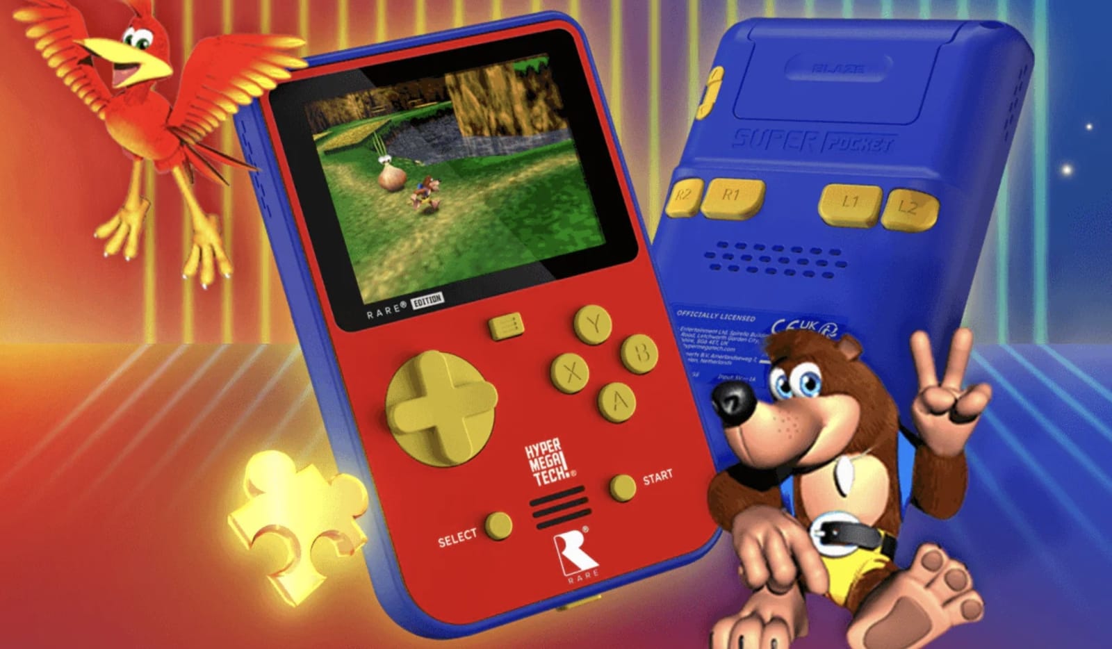 Banjo-Kazooie on the Super Pocket The Super Pocket Rare Edition shown front and back with Banjo-Kazooie running on its screen, and Banjo and Kazooie posing beside it on a synthwave backdrop.