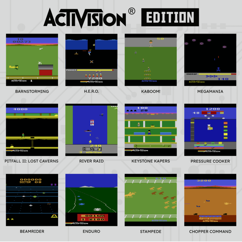 Activision games The Activision Edition games montage, showing screenshots of Barnstorming, H.E.R.O., Kaboom!, MegaMania, Pitfall II, River Raid, Keystone Kapers, Pressure Cooker, Beamrider, Enduro, Stampede and Chopper Command.