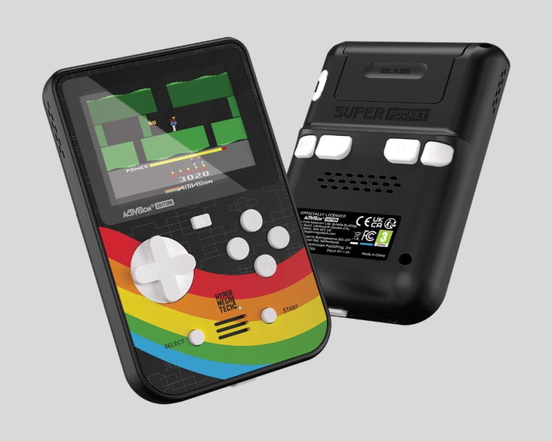 Activision Super Pocket The Activision edition of the Super Pocket handheld, shown front and back. The front carries the classic Activision rainbow across the D-pad and buttons, with H.E.R.O. on the screen.