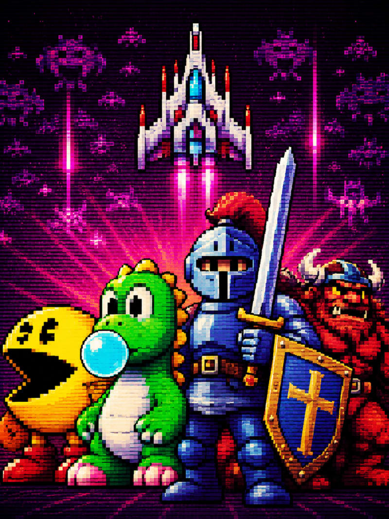 Pixel-art roster of iconic arcade-era characters — a yellow pellet-eater, a green dinosaur blowing a bubble, a knight in pixel armour, a fighter ship, and a viking warrior — set against a magenta CRT scanline backdrop with Space Invaders silhouettes.