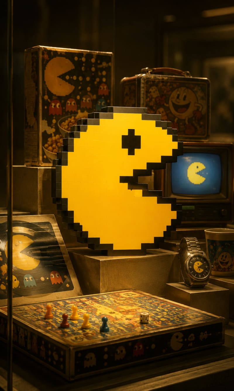 A yellow circular pellet-chaser character at the centre of a museum-style display, surrounded by 1980s consumer artefacts — cereal boxes, metal lunch boxes, a Saturday-morning cartoon television — illustrating how arcade icons became cultural phenomena.