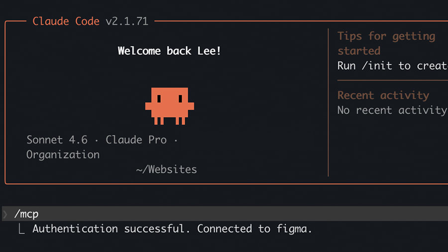 Claude code started in the terminal and coonected to Figma's MCP.