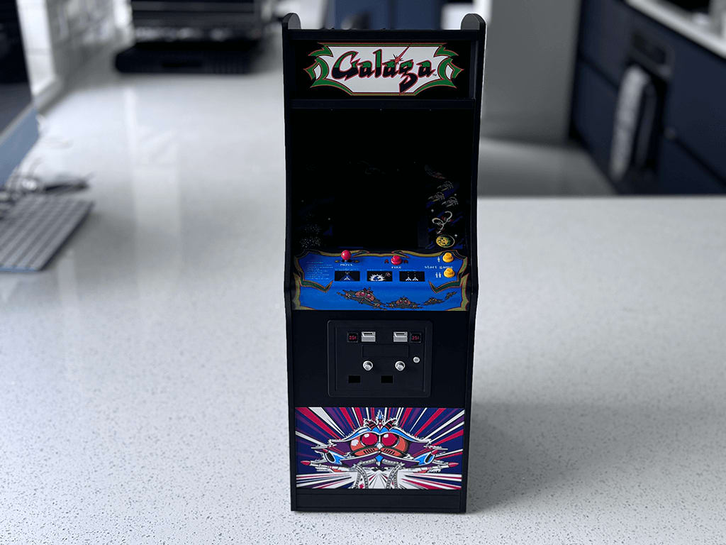 Galaga 6 A Galaga Quarter Arcade front view showing the orginal Galaga ROM playing from a distance.
