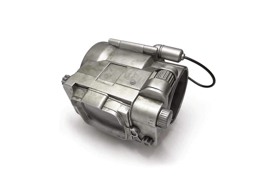 Pip-Boy 2 A metallic, futuristic Pip-Boy device with knobs and a screen, is displayed against a plain white background.