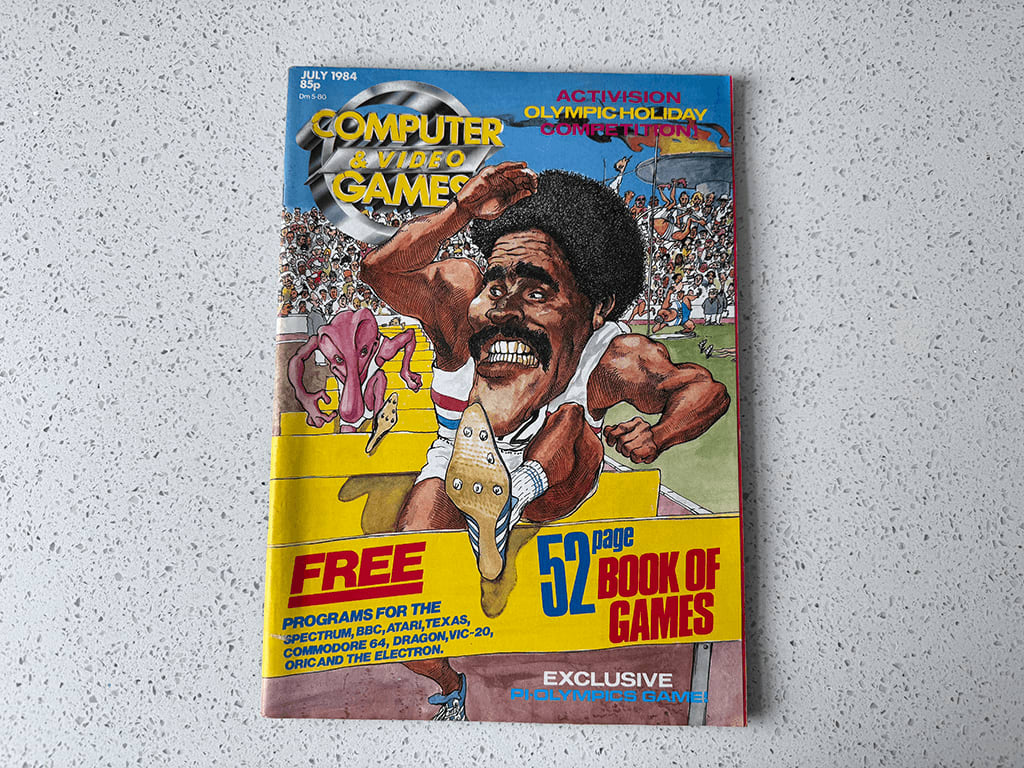 The cover of a 1984 Computer And Video Games magazine from 1984 which includes a cartoon illustration of the athlete Daley Thompson