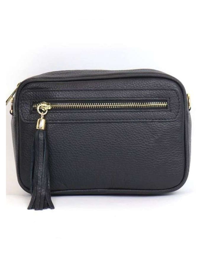 a black leather bag with a tassel