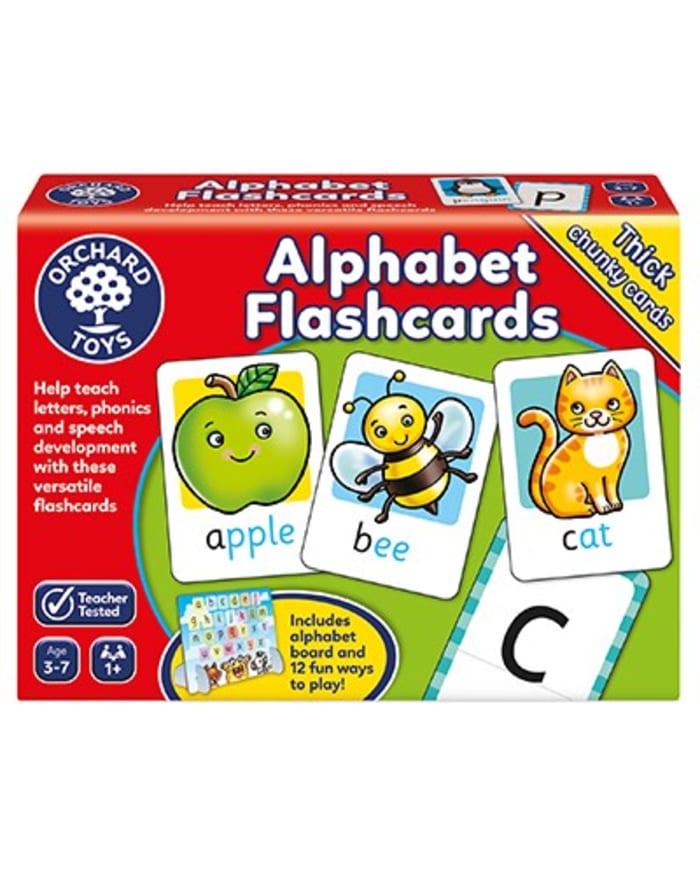 a box of alphabet flash cards