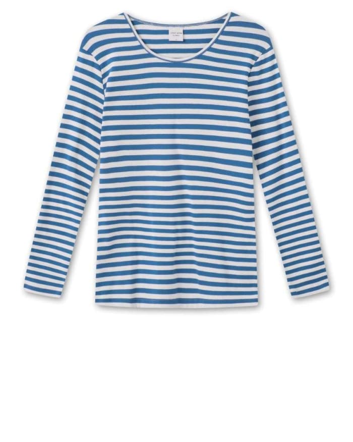 a long sleeved blue and white striped shirt