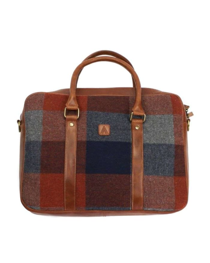 a brown and blue plaid bag