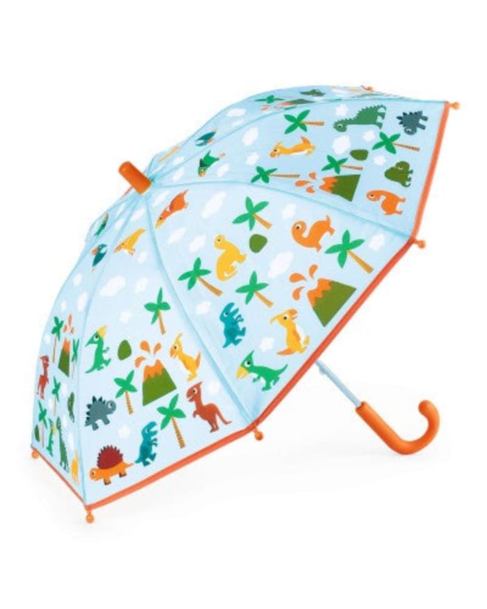 a blue and orange umbrella with cartoon dinosaurs