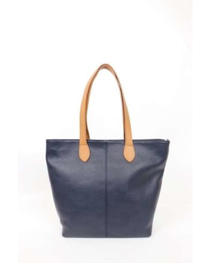 a blue and tan leather bag