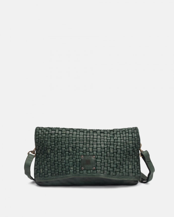 a green purse with a square patch on it