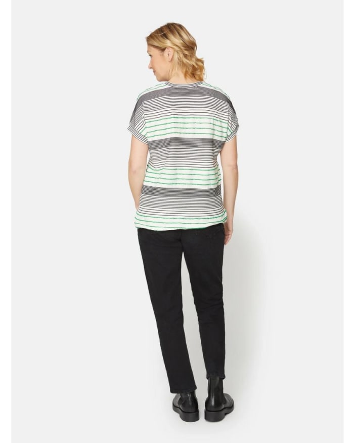 a woman in a striped shirt