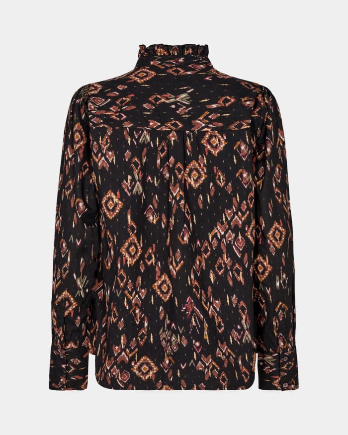 a black and orange patterned shirt