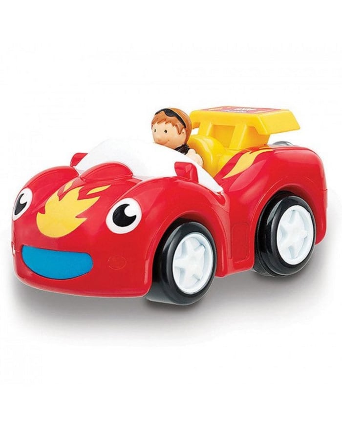 a red toy car with a person driving