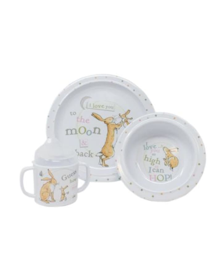 a set of baby dishes and a bottle