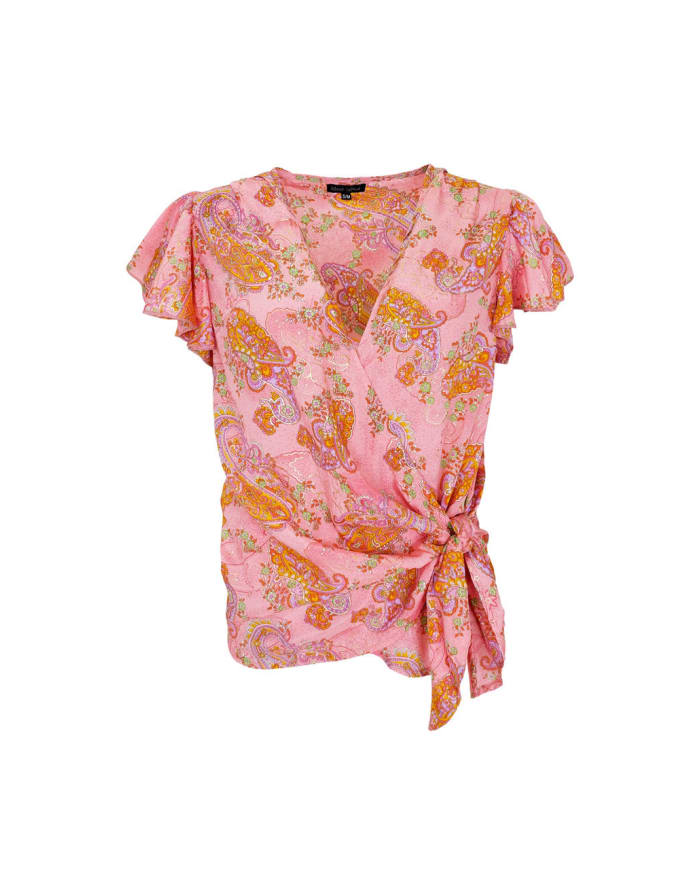 a pink shirt with orange paisley pattern