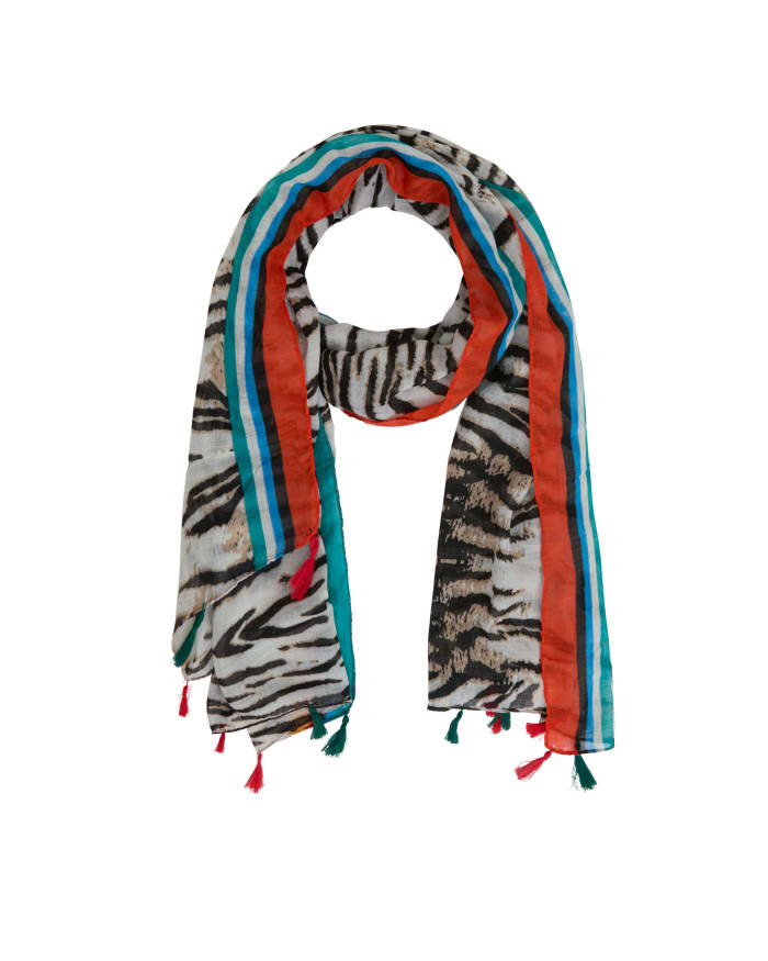 a scarf with zebra print and tassels