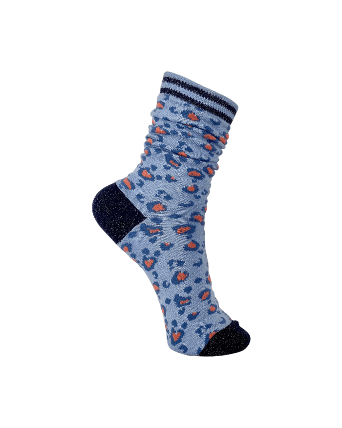 a blue and orange patterned sock