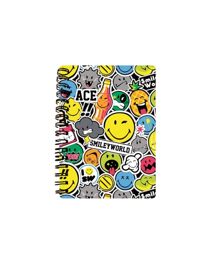 a spiral notebook with many stickers